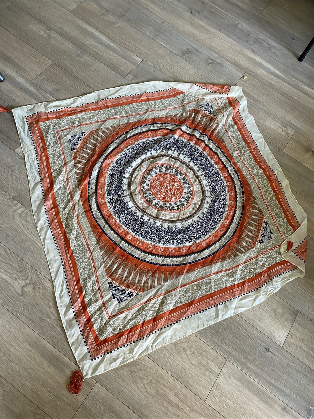 Bohemian Orange & Cream mandala large silk scarf with Tassels